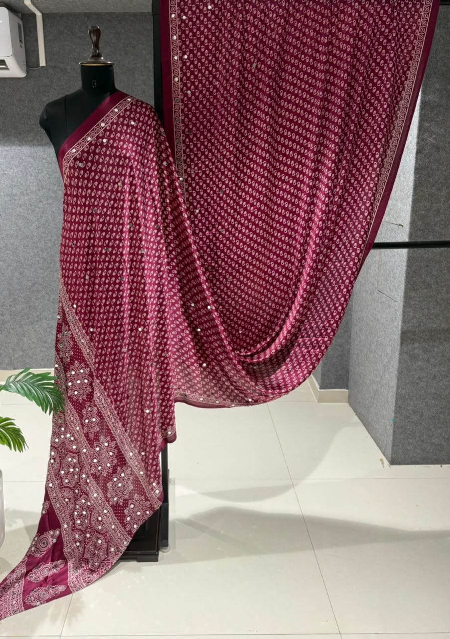 Real Mirror Work Ajrakh Crepe Silk Saree – 99 AED