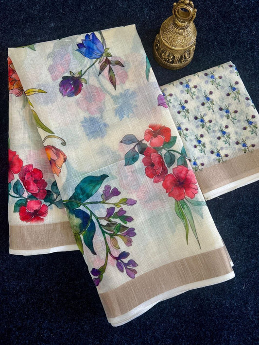 Linen Slub Cotton Floral Saree – 59 AED