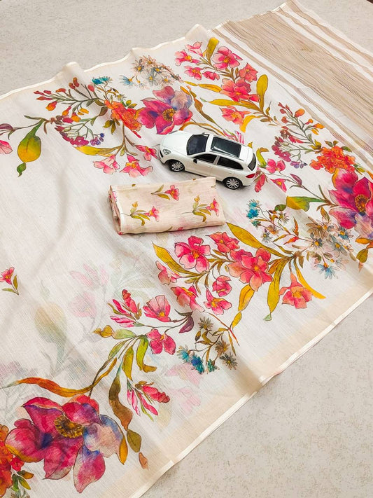 Linen Slub Cotton Floral Saree – 59 AED