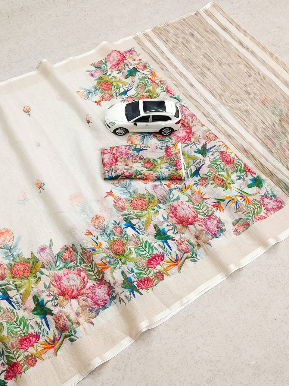 Linen Slub Cotton Floral Saree – 59 AED