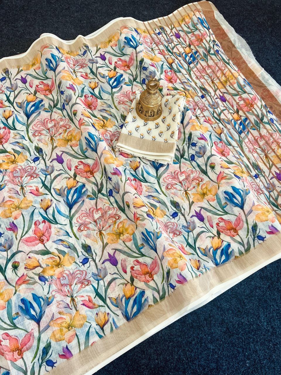 Linen Slub Cotton Floral Saree – 59 AED