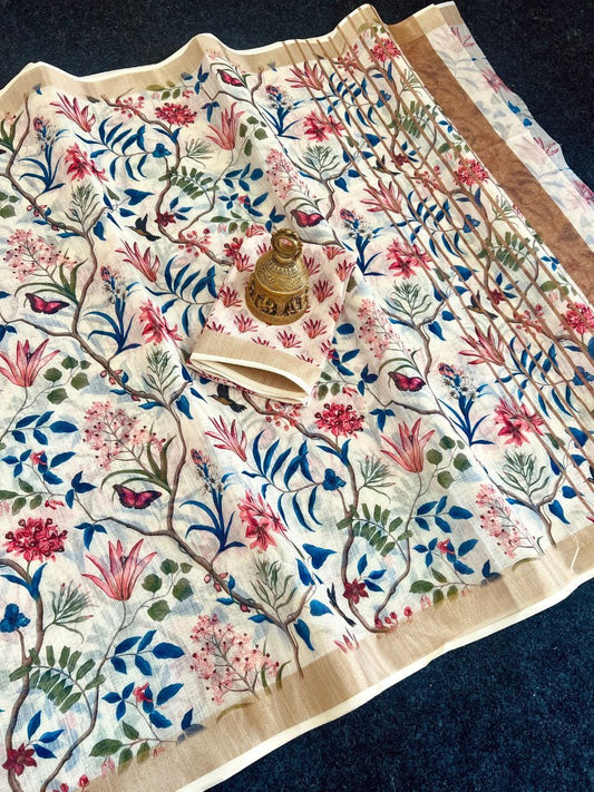 Linen Slub Cotton Floral Saree – 59 AED