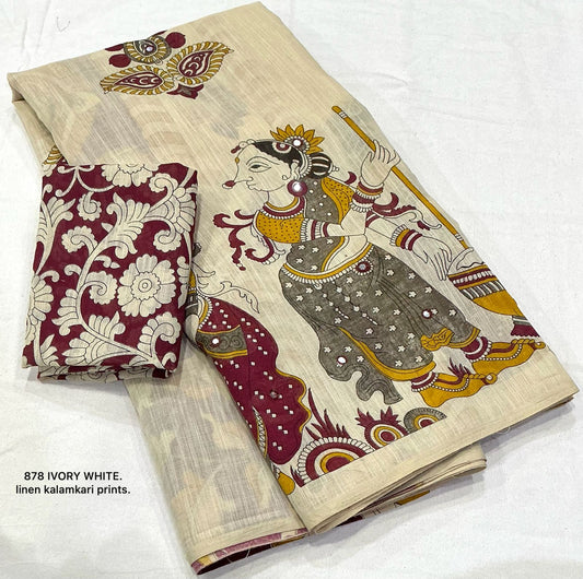 Soft Linen Slub Cotton Kalamkari Saree with Tassels & Aari Mirror Work – 69 AED