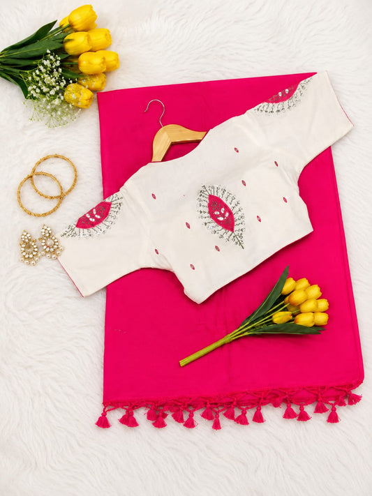 Khadi Cotton Embroidered Readymade Blouse with Plain Khadi Cotton Saree – 99 AED