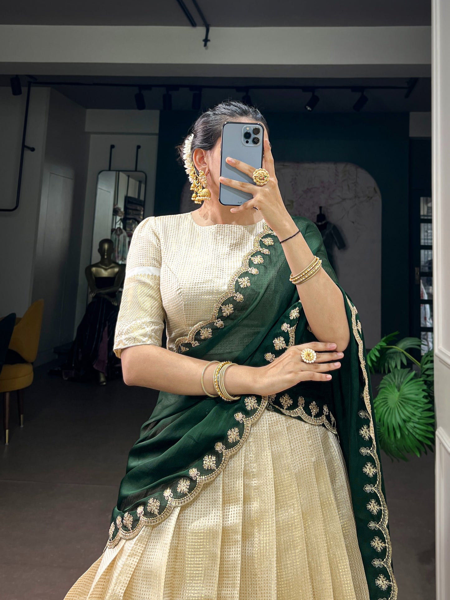 Jacquard Zari Checked Silk Readymade Dhavani / Half Saree Collection – 119 AED