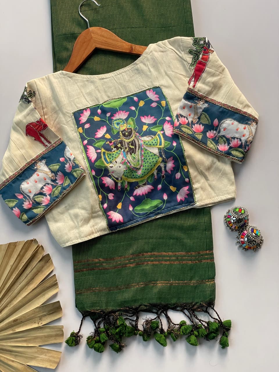 Khadi Cotton Zari Striped Saree with Appliqué & Bead Work Readymade Blouse – 99 AED