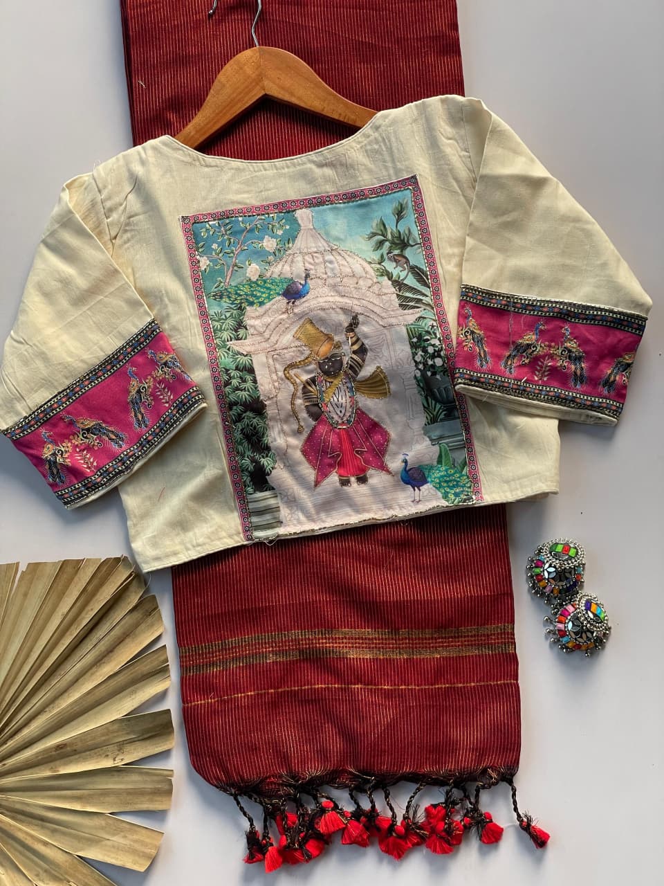 Khadi Cotton Zari Striped Saree with Appliqué & Bead Work Readymade Blouse – 99 AED