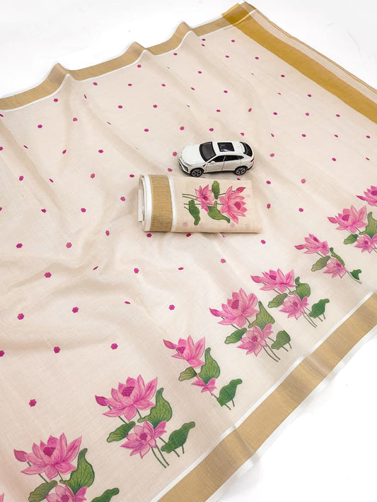 Linen Slub Cotton Floral Saree – 59 AED