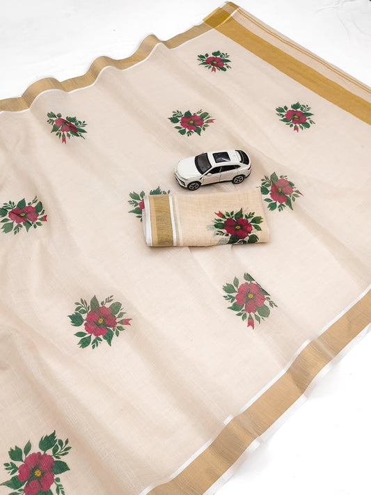 Linen Slub Cotton Floral Saree – 59 AED