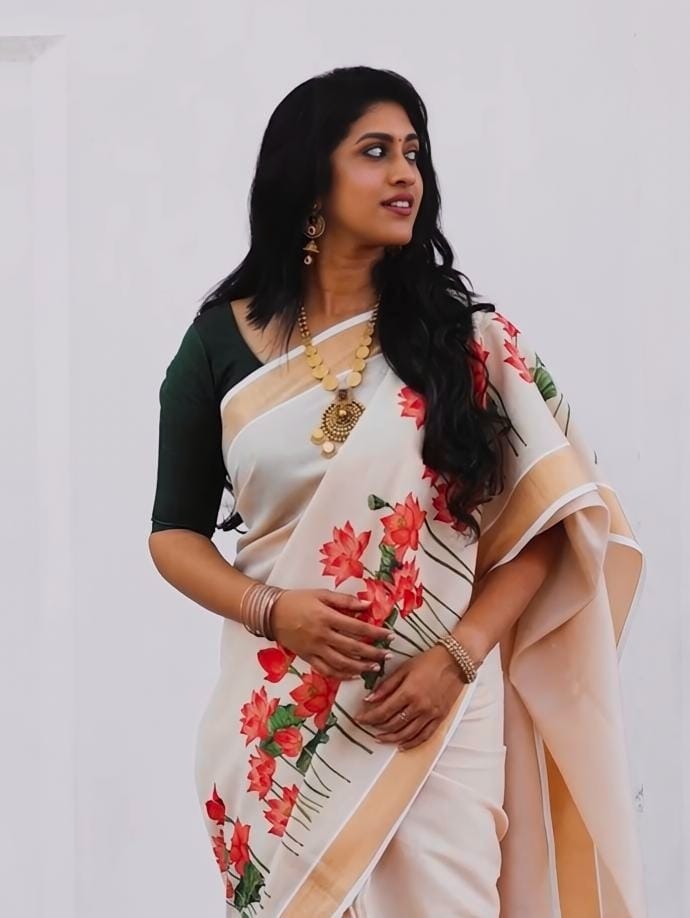 Linen Slub Cotton Floral Saree – 65 AED