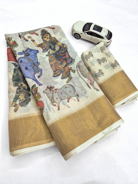 Linen Slub Cotton Kalamkari Saree – 59 AED