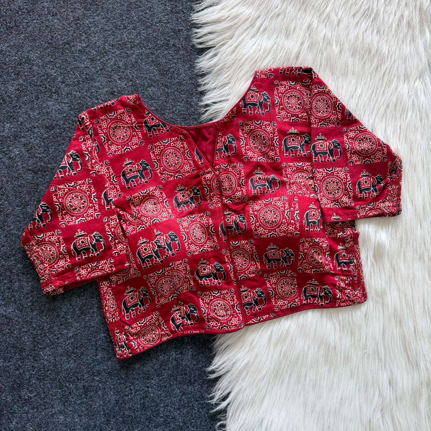 Side Elastic Stretchable Ajrakh Cotton Blouse – 50 AED