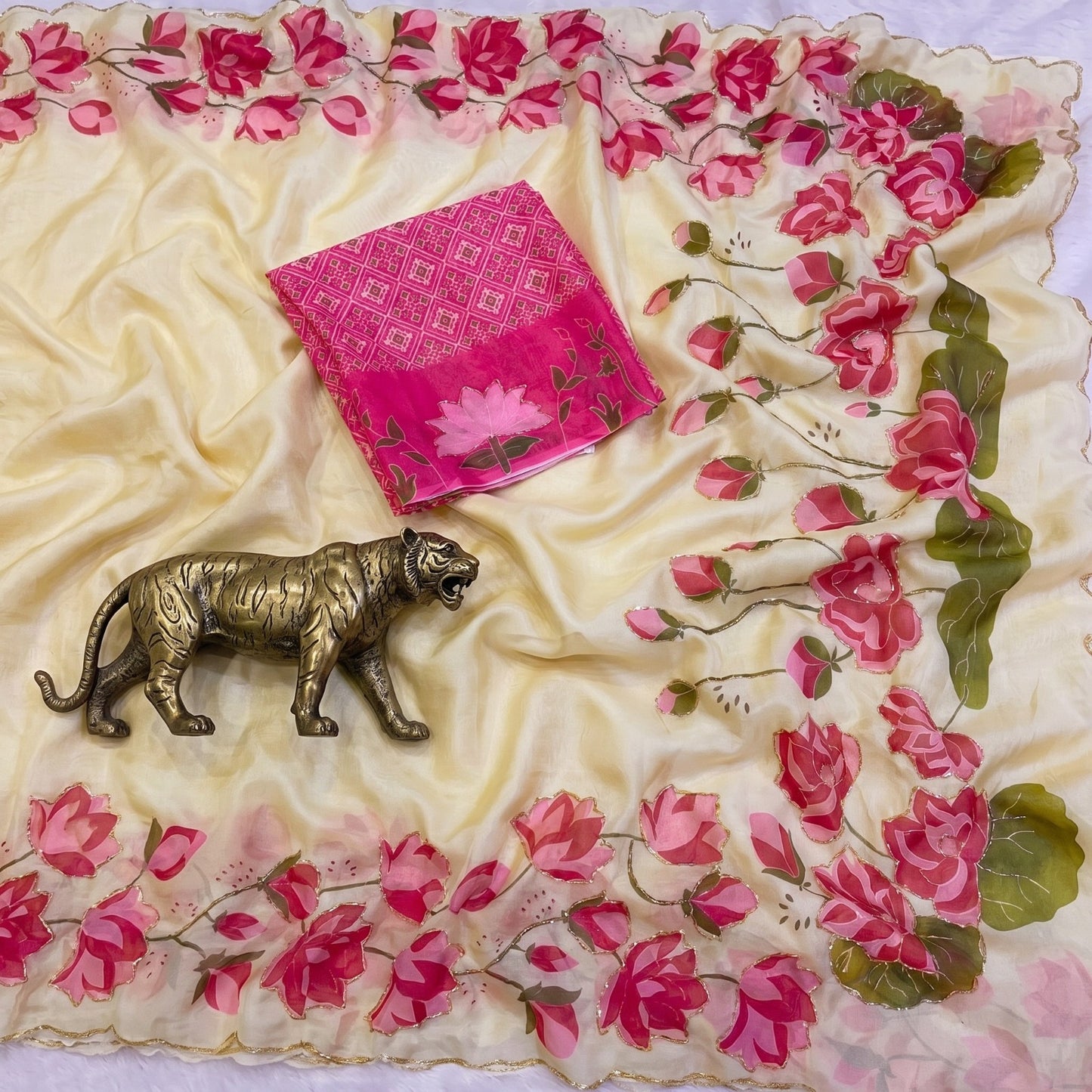 Soft Tabby Organza Silk Saree with Cut Bead Work & Scalloped Borders – 119 AED