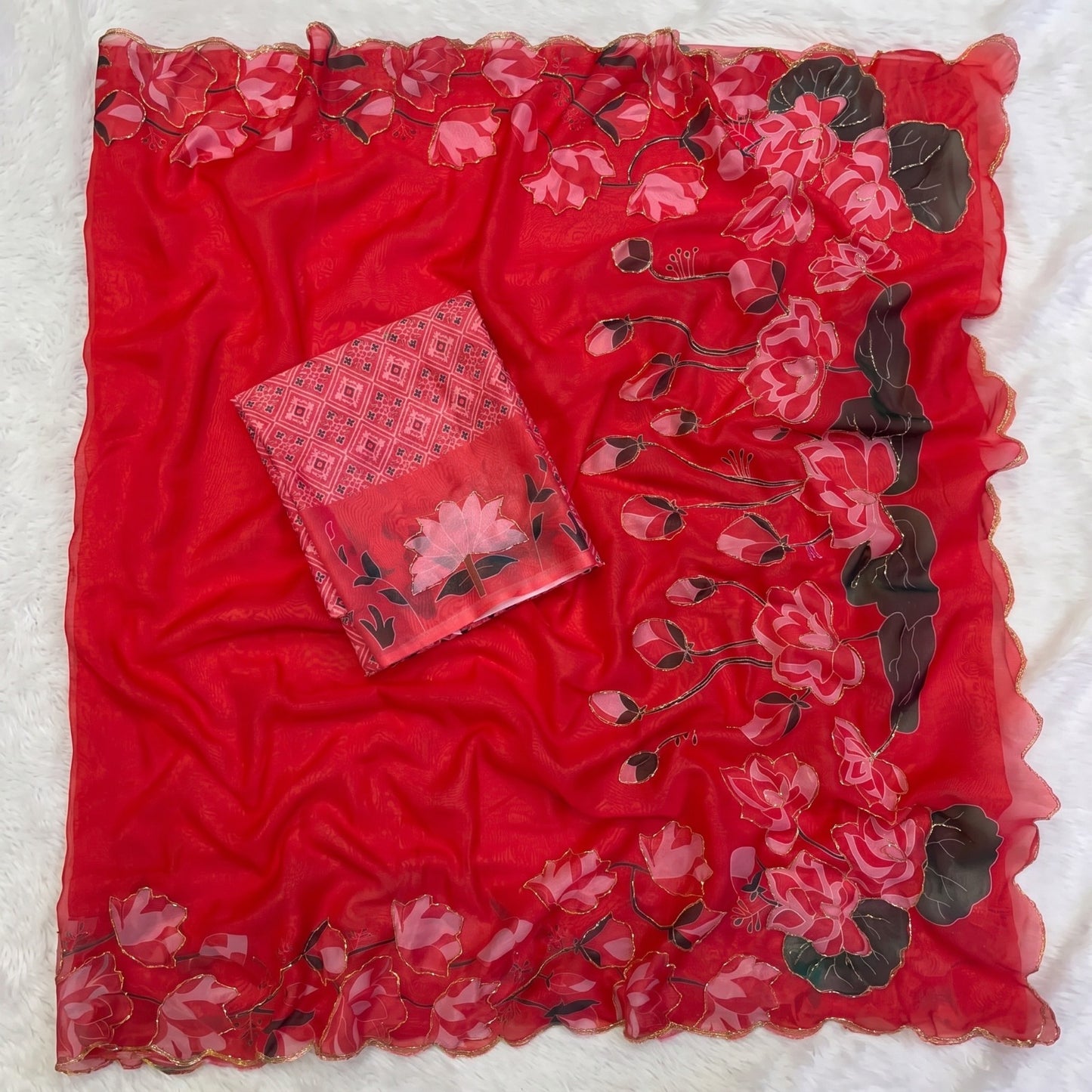 Soft Tabby Organza Silk Saree with Cut Bead Work & Scalloped Borders – 119 AED