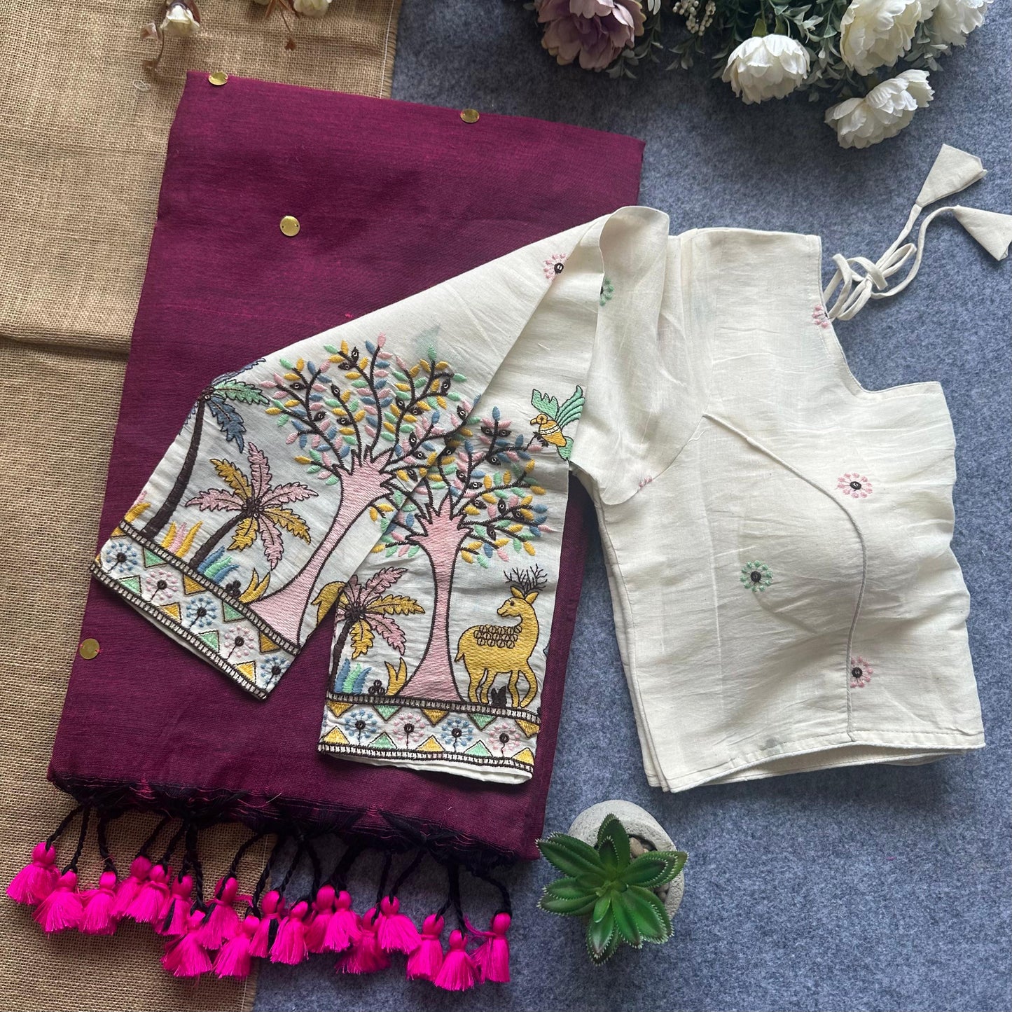 Khadi Cotton Gini Sequence Saree with Long Sleeve Embroidered Readymade Blouse – 99 AED