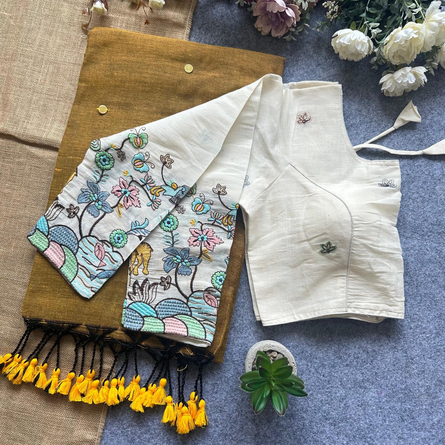 Khadi Cotton Gini Sequence Saree with Long Sleeve Embroidered Readymade Blouse – 99 AED