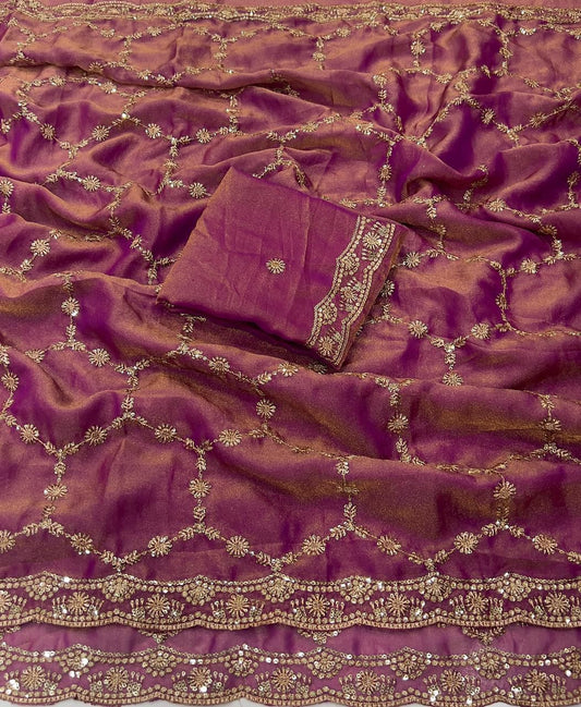 Moss Chiffon Silk Saree with Dual Tone Effect & Sequence Embroidery – 99 AED