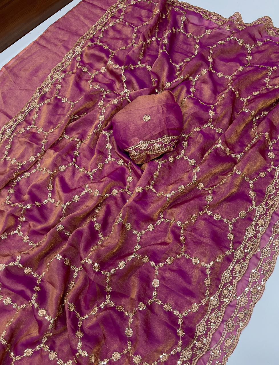 Moss Chiffon Silk Saree with Dual Tone Effect & Sequence Embroidery – 99 AED