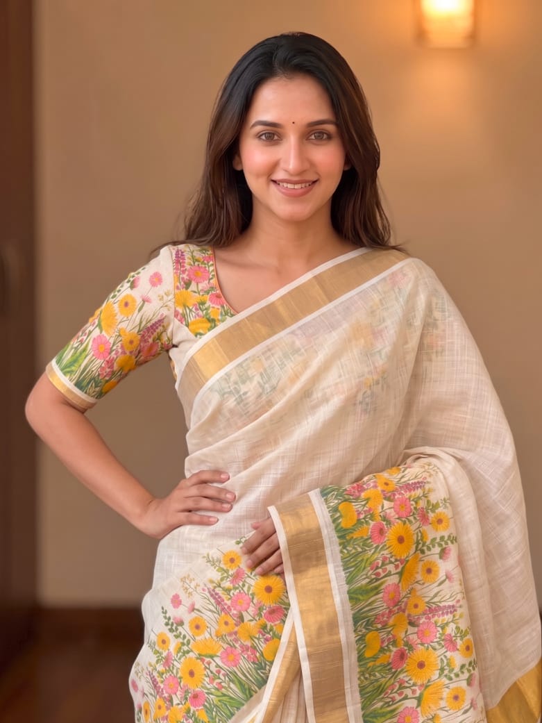 Onam Linen Slub Cotton Saree – 65 AED