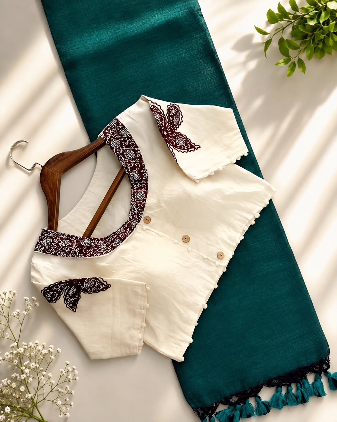 Khadi Cotton Saree with Appliqué Embroidery & Ajrakh Patch Work Blouse – 99 AED