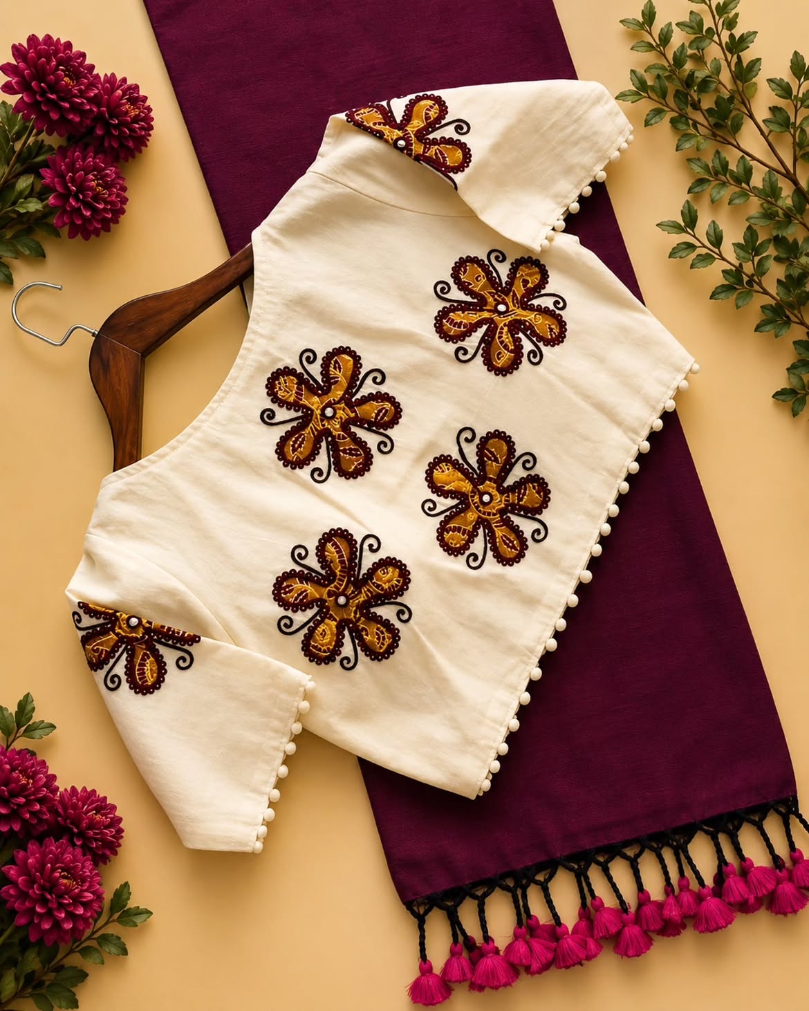 Khadi Cotton Saree with Appliqué Embroidery & Ajrakh Patch Work Blouse – 99 AED