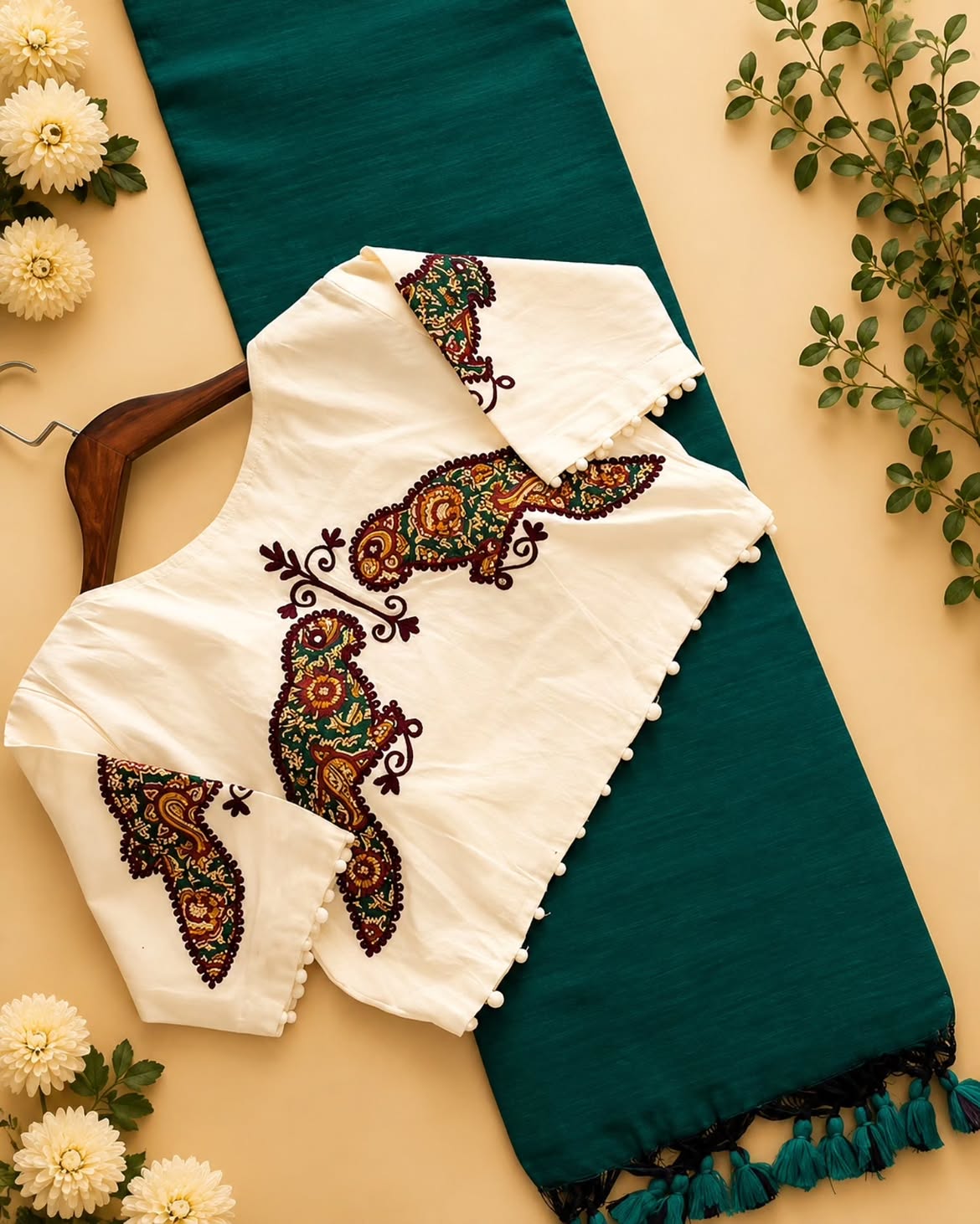 Khadi Cotton Saree with Appliqué Embroidery & Ajrakh Patch Work Blouse – 99 AED