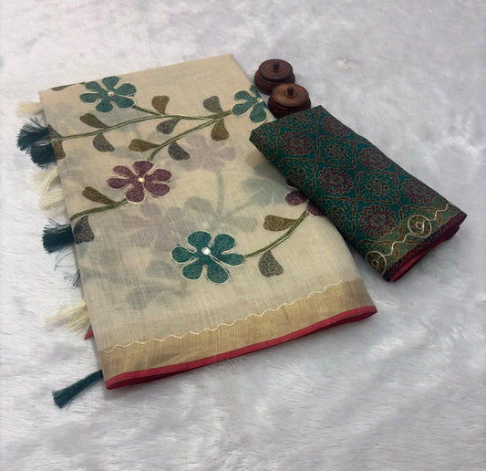 Bengal Linen Tissue Saree with Embroidered Pallu & Ajrakh Printed Blouse – 99 AED