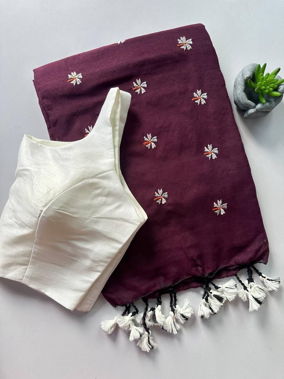 Khadi Cotton Embroidered Readymade Saree with Readymade Blouse – 79 AED