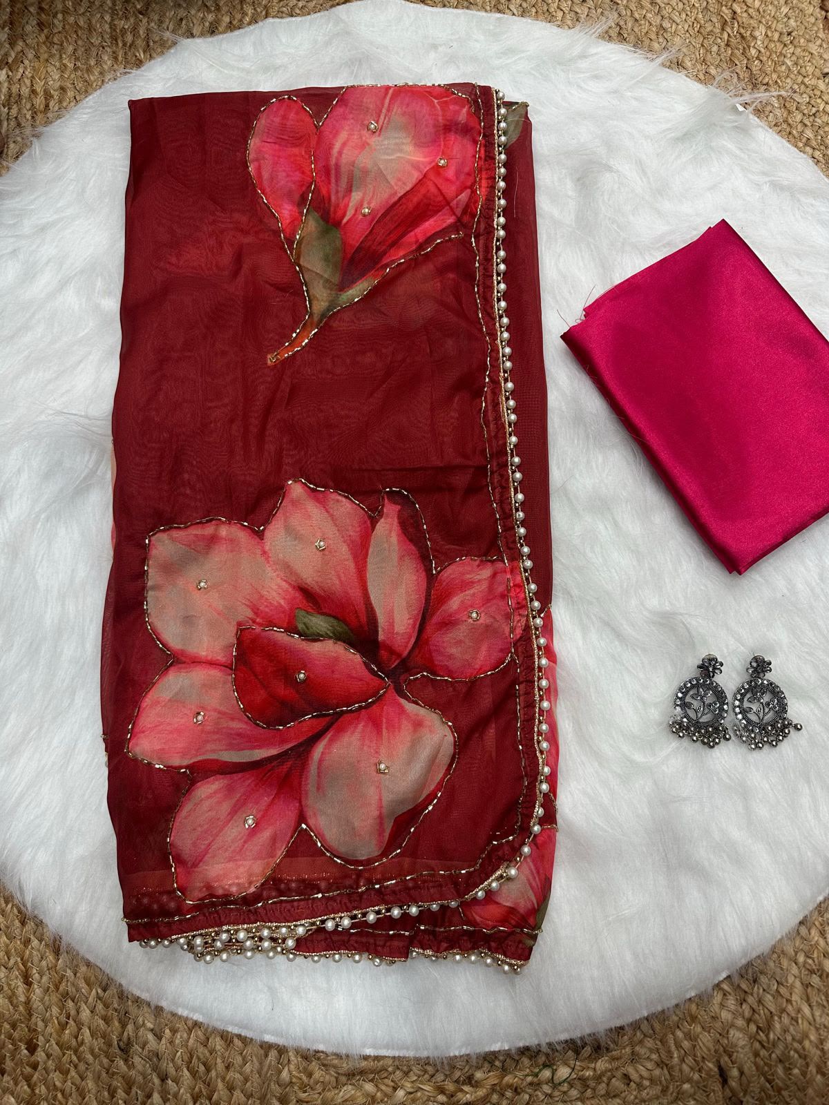 Soft Tabby Organza Silk Saree with Cut Bead Work