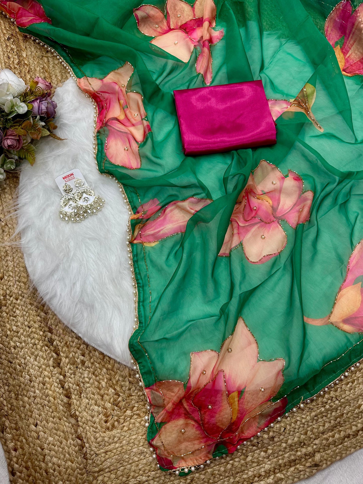 Soft Tabby Organza Silk Saree with Cut Bead Work