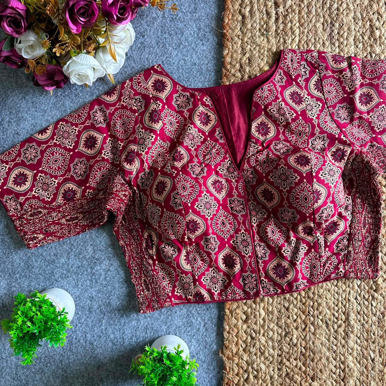 Stretchable Side Elastic Ajrakh Cotton Blouse – 50 AED