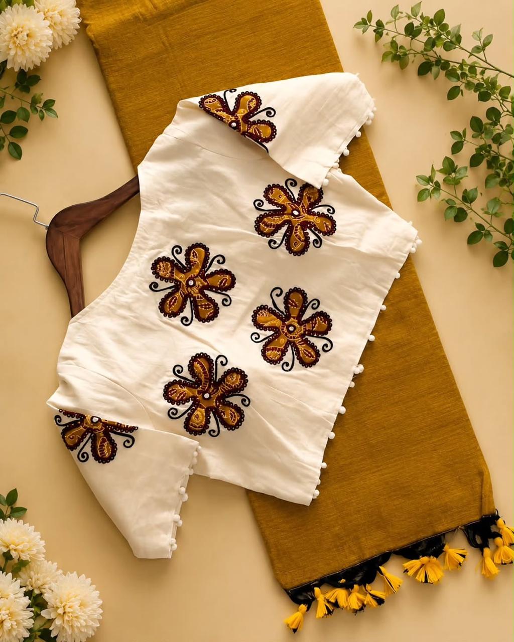 Khadi Cotton Saree with Appliqué Embroidery & Ajrakh Patch Work Blouse – 99 AED