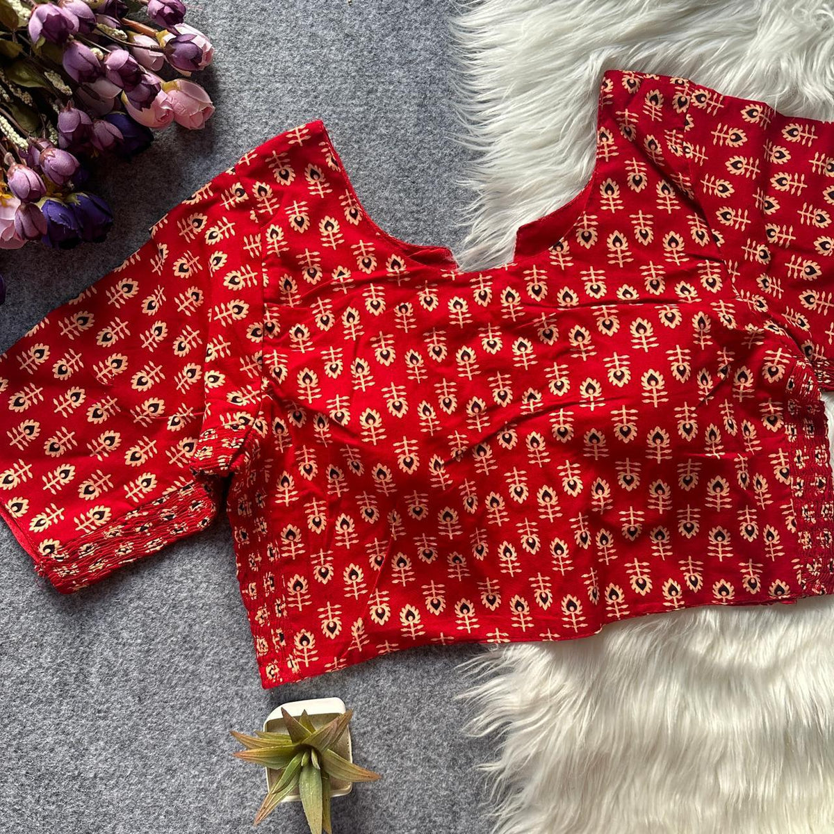 Stretchable Side Elastic Ajrakh Cotton Blouse