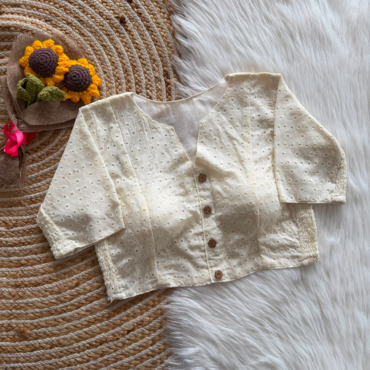 Cotton Hakoba Stretchable V-Neck Blouse