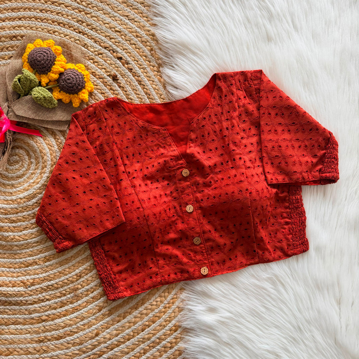 Cotton Hakoba Stretchable V-Neck Blouse