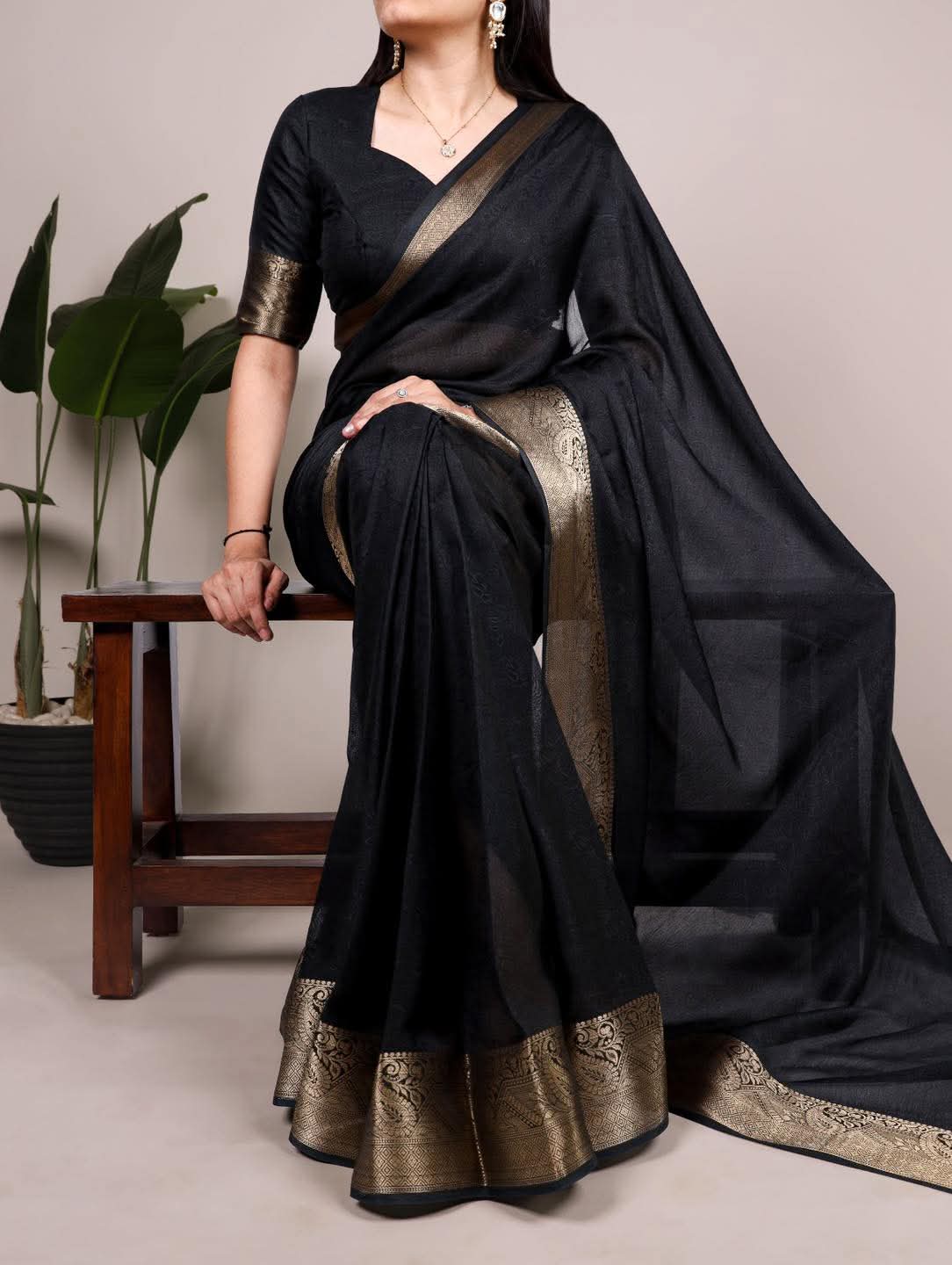 Poly Tussar Silk Saree with Charcoal Zari Woven Border