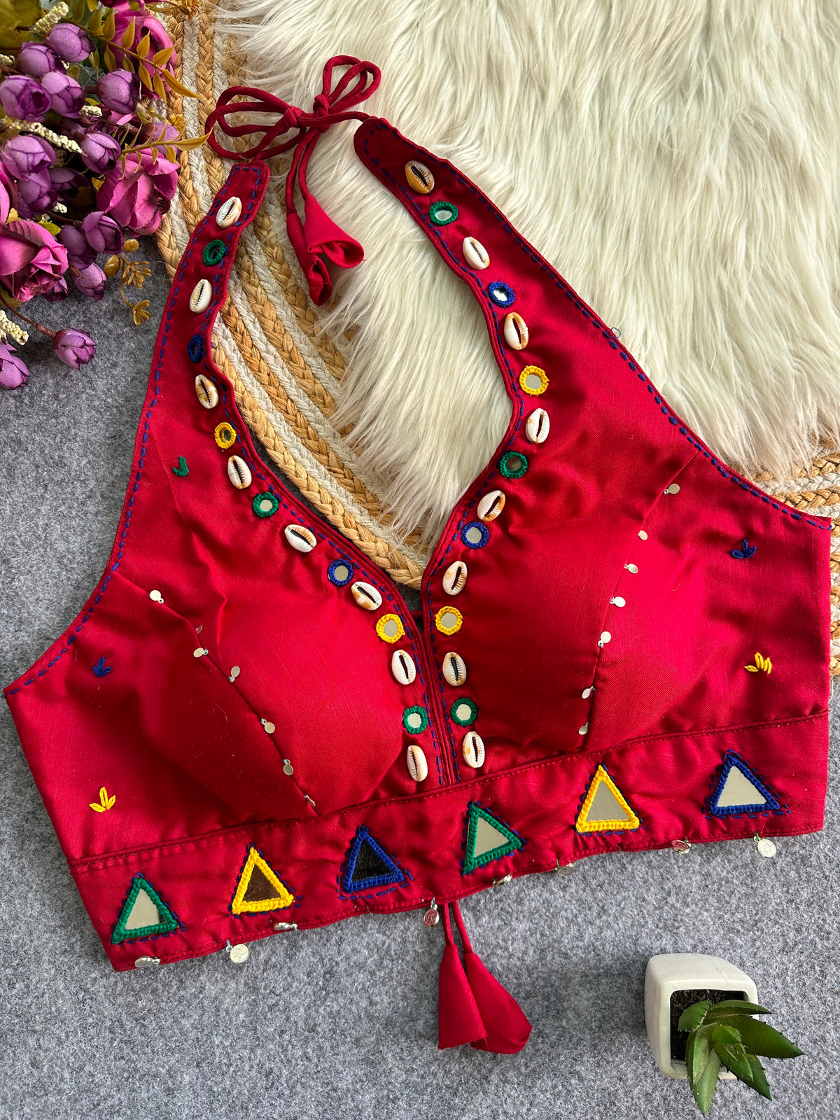 Navaratri Kodi & Mirror Work Halter Neck Readymade Blouse