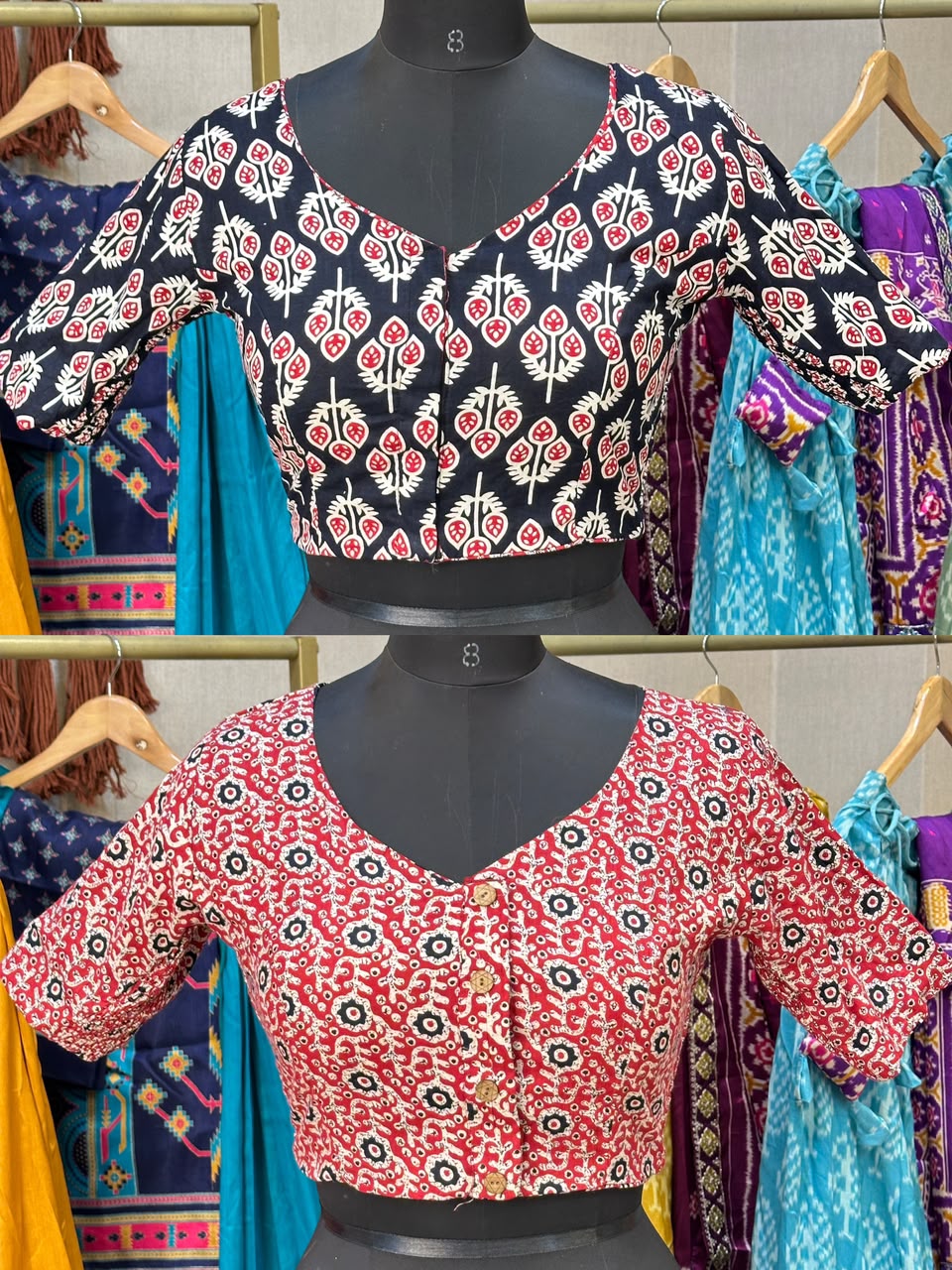 Brocade Silk Reversible Ajrakh Readymade Side Elastic Blouse