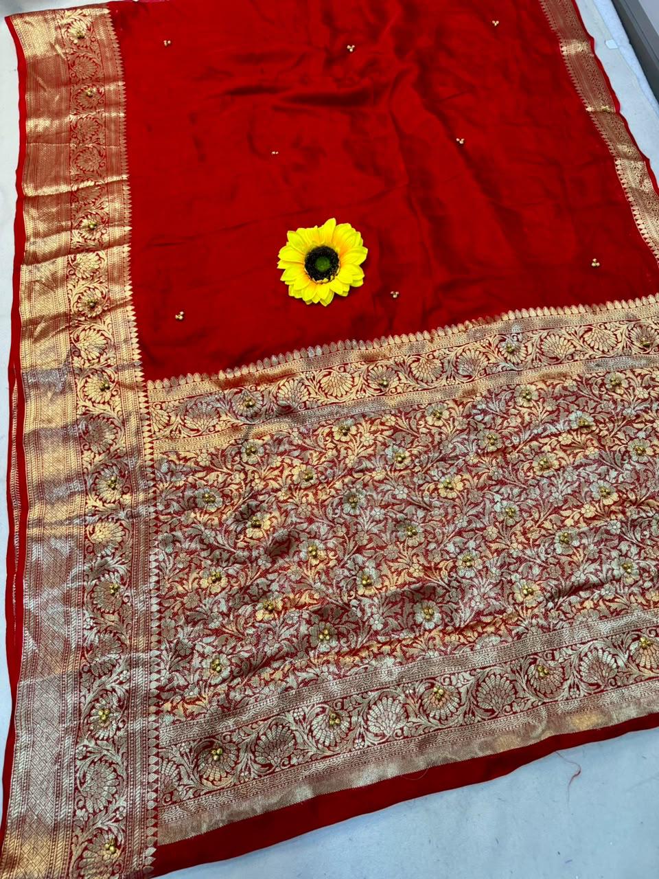 Cotton Satin Silk Saree with Gunguru Beads