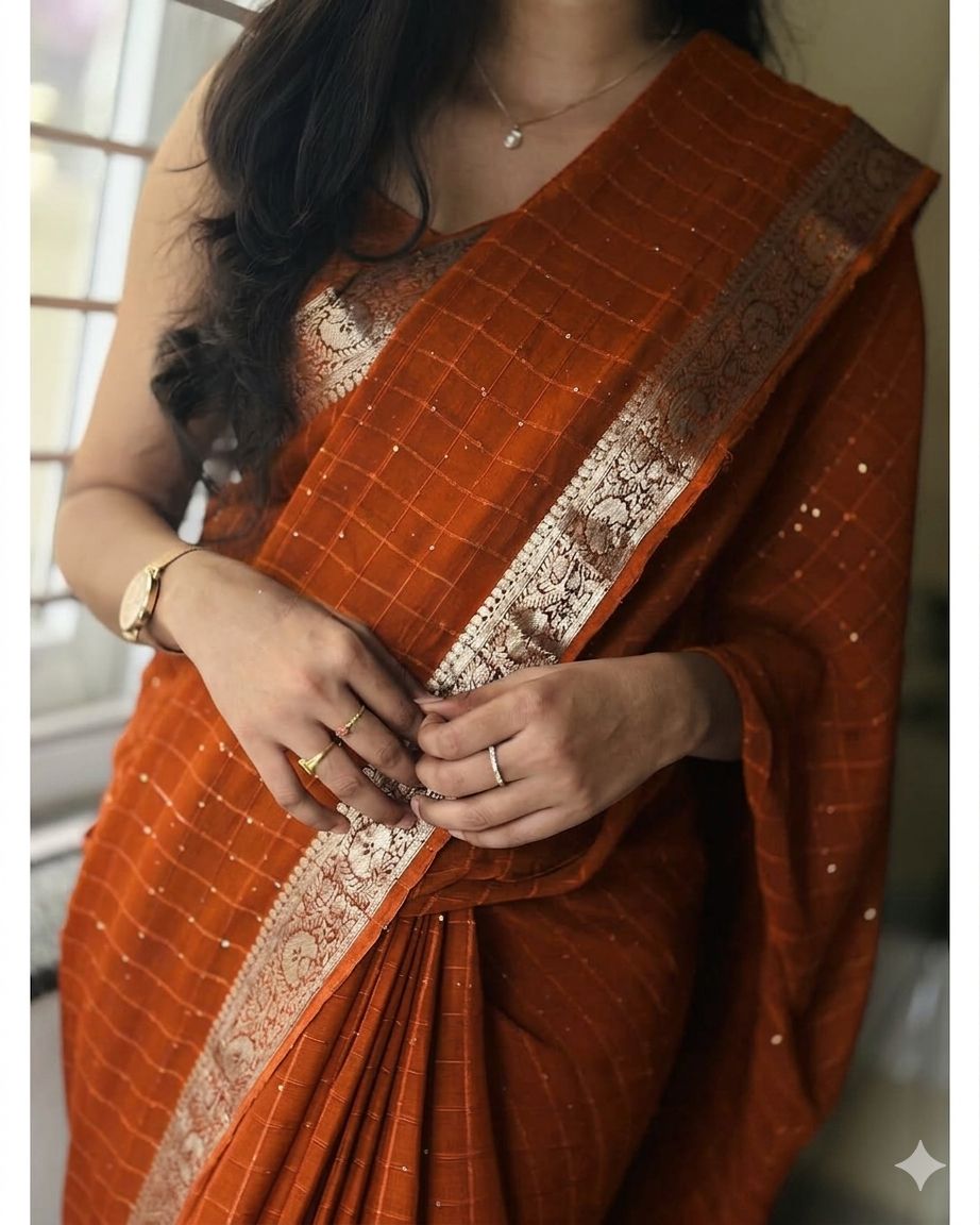 Viscose Georgette Zari Checked Saree with Viscose Zari Weaving Borders
