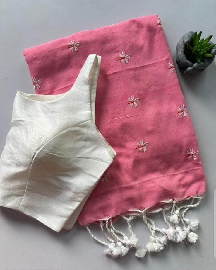 Khadi Cotton Embroidered Saree with Tassels