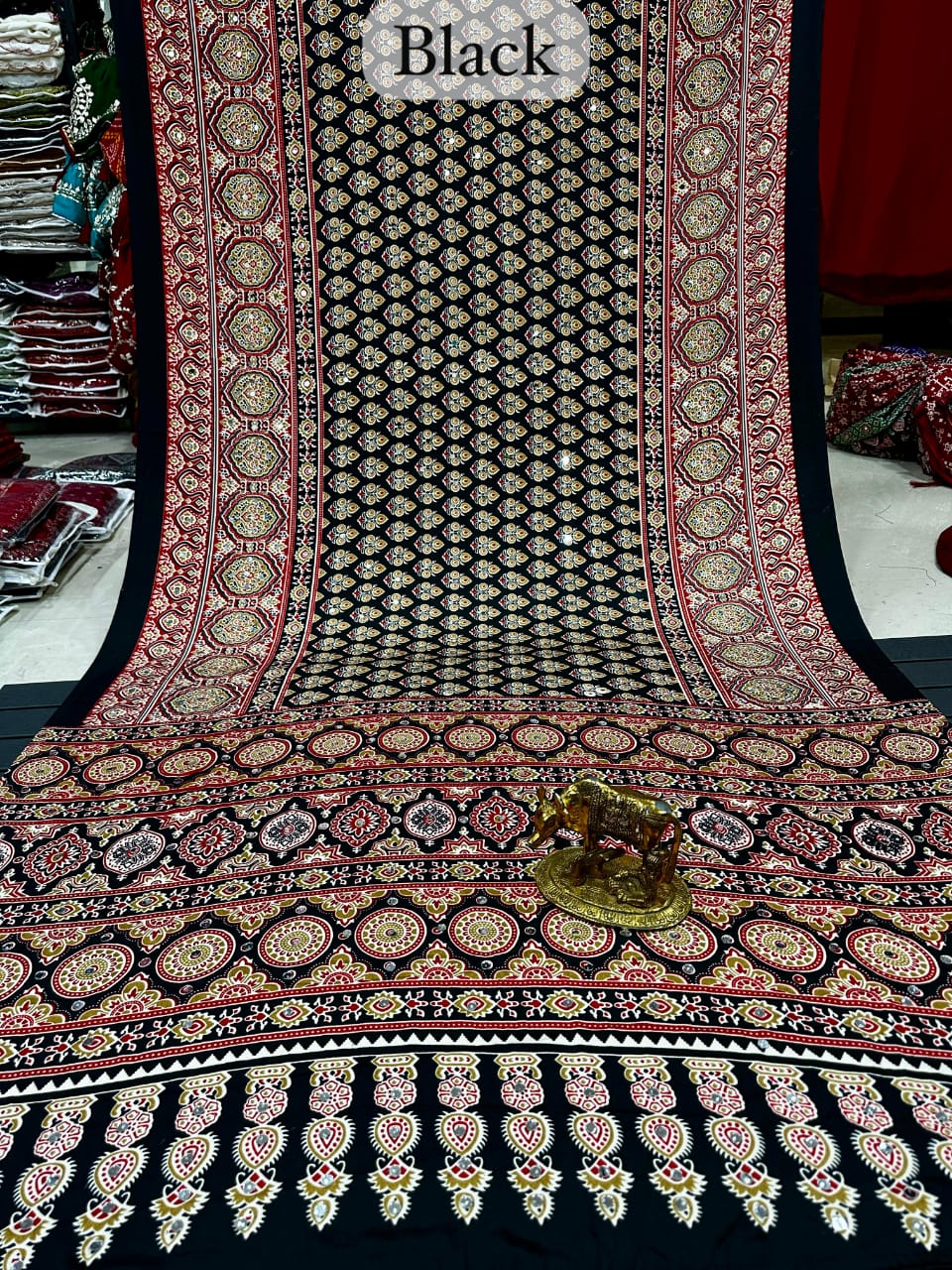 Ajrakh Modal Silk Saree with Real Mirror Work