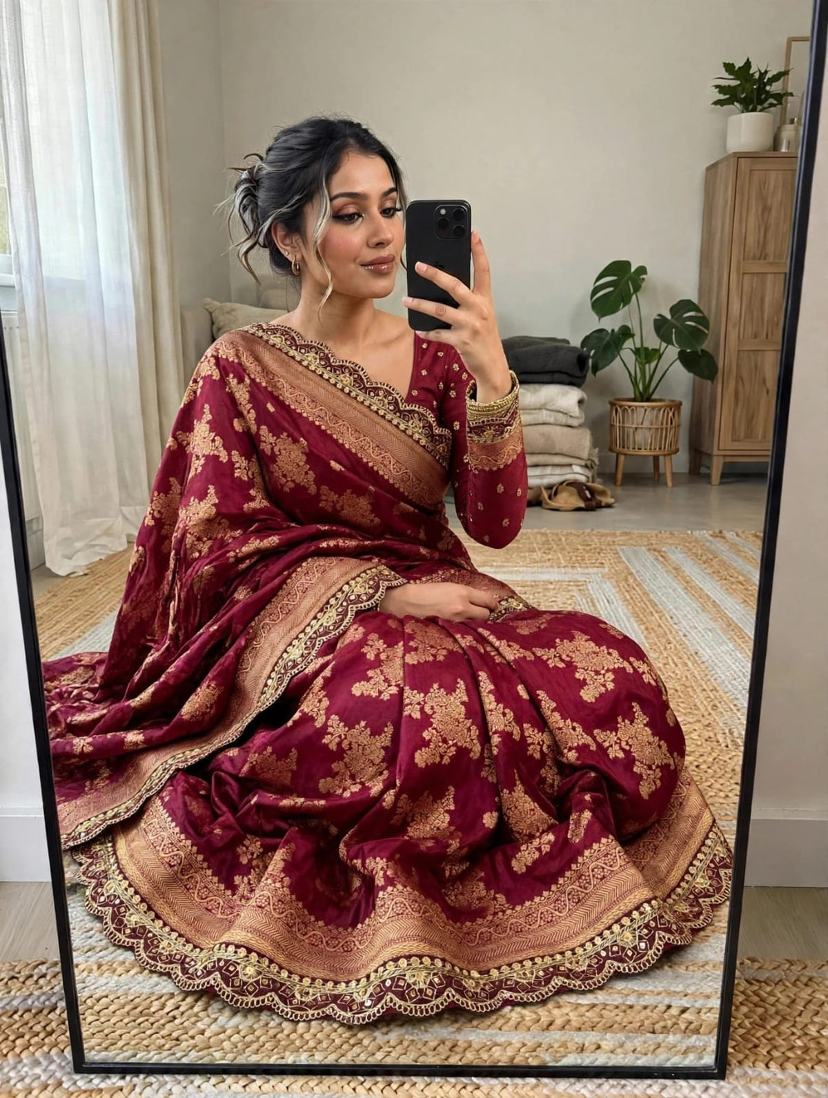 Semi Kanjivaram Jaal Floral Zari Weaving Saree with Scalloped Borders