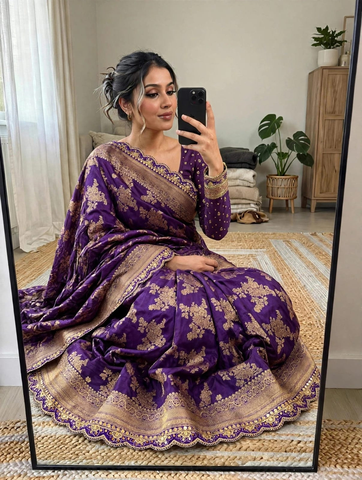 Semi Kanjivaram Jaal Floral Zari Weaving Saree with Embroidered Scalloped Lace Borders
