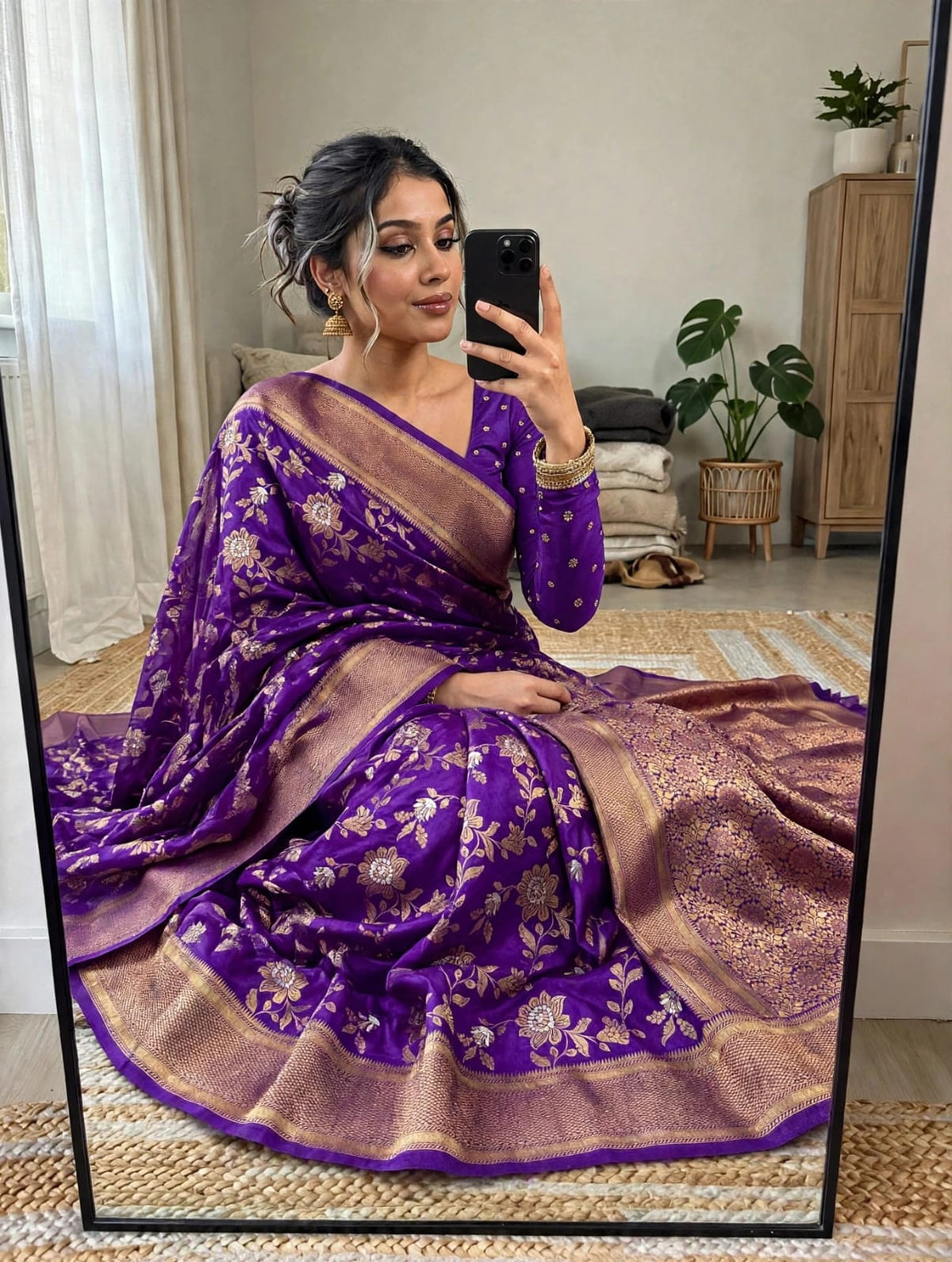 Semi Kanjivaram Jaal Floral Zari Weaving Saree