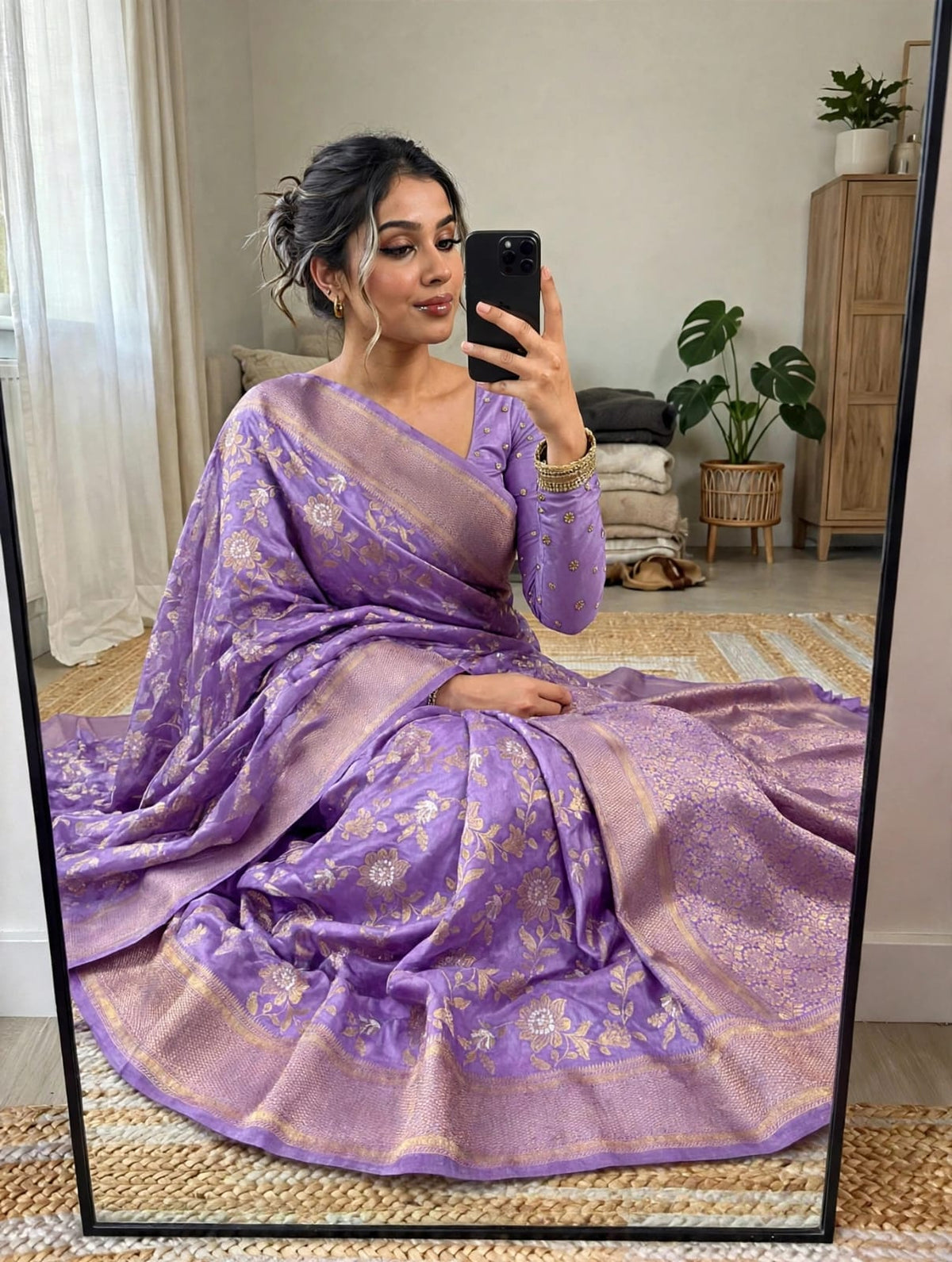 Semi Kanjivaram Jaal Floral Zari Weaving Saree