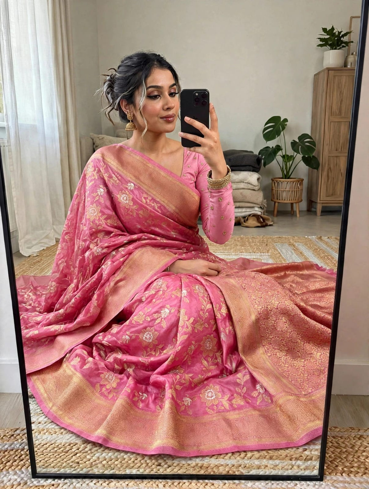 Semi Kanjivaram Jaal Floral Zari Weaving Saree