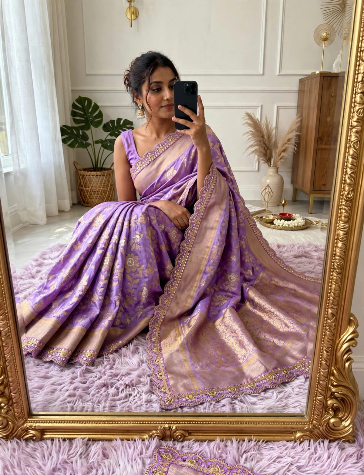Semi Kanjivaram Jaal Floral Zari Weaving Saree with Scalloped Borders