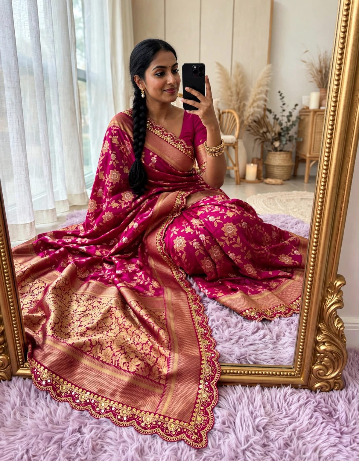 Semi Kanjivaram Jaal Floral Zari Weaving Saree with Scalloped Borders
