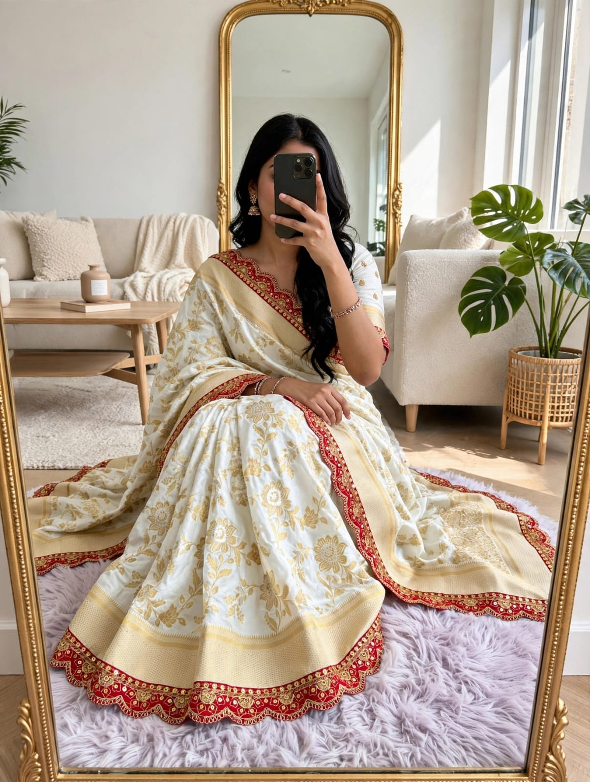 Semi Kanjivaram Jaal Floral Zari Weaving Saree with Scalloped Borders